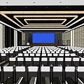Modern Conference Room With Rows Of White Chairs Blue Screen And Ceiling Design