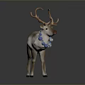 Decorative Reindeer Figurine With Large Antlers Blue And White Wreath Around Neck On Gray Background