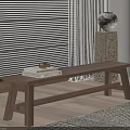 Natural Wooden Bench In Living Room With Window Blinds Stone Pedestal Vase And Area Rug
