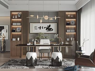 Elegant Study Room Interior With Wooden Bookshelves Calligraphy Art Potted Plants And Writing Desk 3d model
