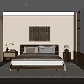 Modern Bedroom Interior Design With Wooden Bed Decorative Painting Nightstand And Curtains
