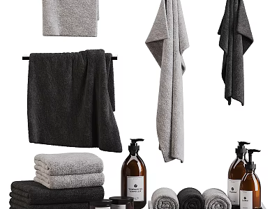 Stylish Bathroom Accessories Set With Soft Folded And Hanging Towels And Brown Liquid Soap Bottles 3d model