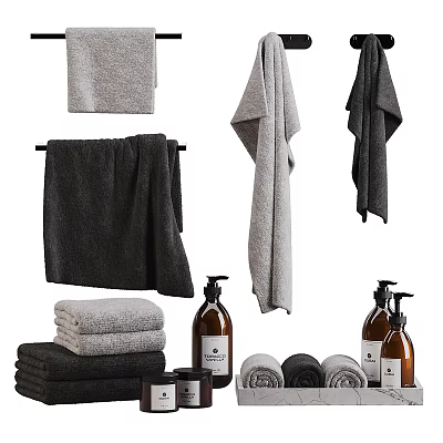 Stylish Bathroom Accessories Set With Soft Folded And Hanging Towels And Brown Liquid Soap Bottles 3d model