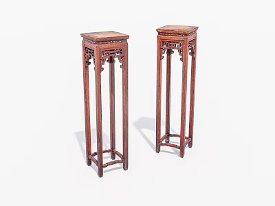 Pair of Traditional Chinese Wooden Flower Stands with Intricate Carved Details 3d model