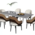 Rectangular Dining Table Set with Beige and Brown Upholstered Chairs Potted Plant and Fruit Tray 3d model