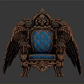 Ornate Winged Chair Design With Blue Tufted Cushion And Intricate Carvings