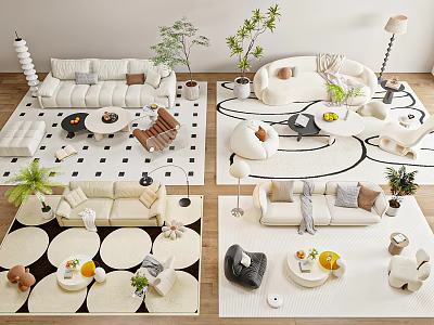 Modern White Sofa And Round Coffee Table Set With Plants Rugs Lamps And Cushions 3d model