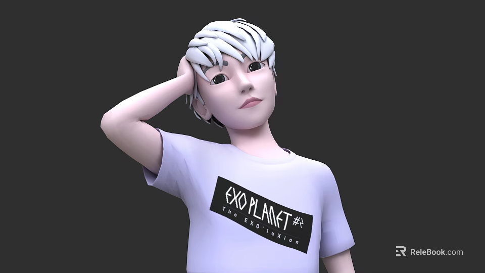 Young Male Character With White Short Hair In EXO PLANET Shirt Against Dark Background 3d model 