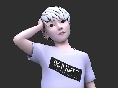 Young Male Character With White Short Hair In EXO PLANET Shirt Against Dark Background 3d model
