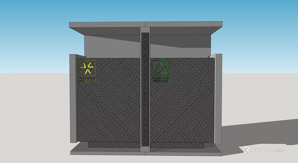 Public Facility With Two Compartment Geometric Patterned Surface Yellow Hazard Symbol Green Recycling Logo Outdoor 3d model 