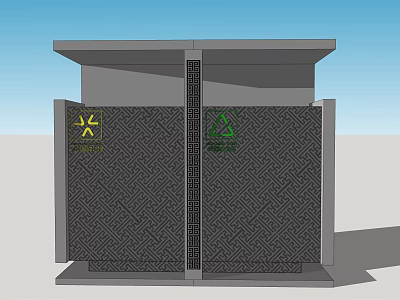 Public Facility With Two Compartment Geometric Patterned Surface Yellow Hazard Symbol Green Recycling Logo Outdoor 3d model