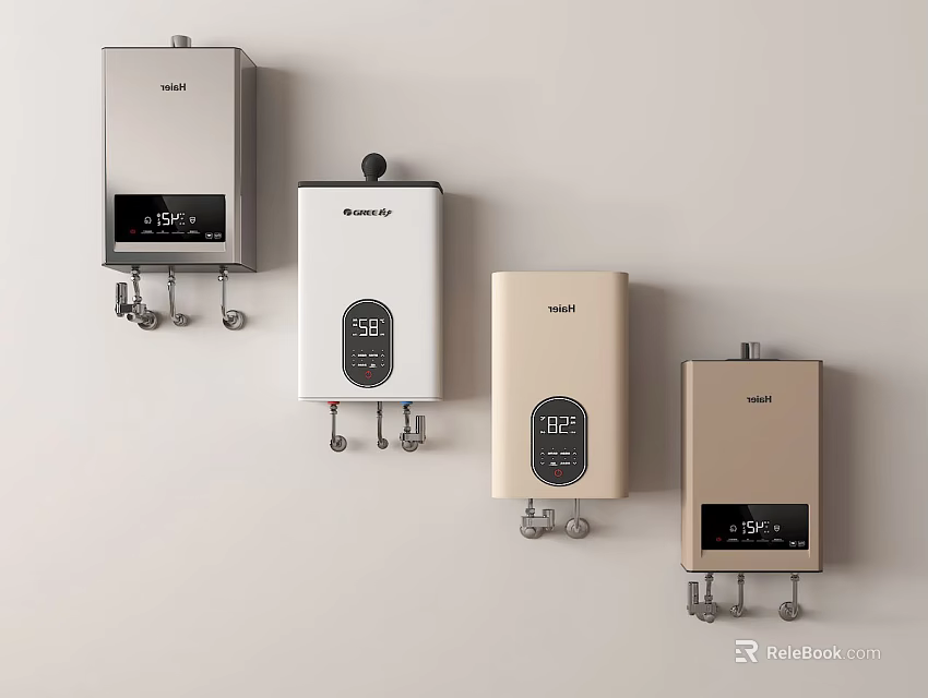 Wall Mounted Water Heaters With Various Colors And Digital Control Panels 3d model