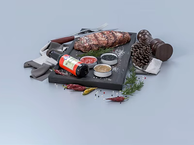Grilled Steak On Slate Tray With Spice Bottle Pepper Grinder Rosemary Chilies And Pine Cone 3d model