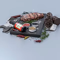 Grilled Steak On Slate Tray With Spice Bottle Pepper Grinder Rosemary Chilies And Pine Cone