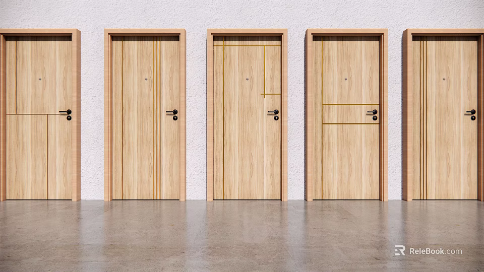 Light Wood Hinged Doors With Linear Patterns On White Wall And Gray Floor 3d model