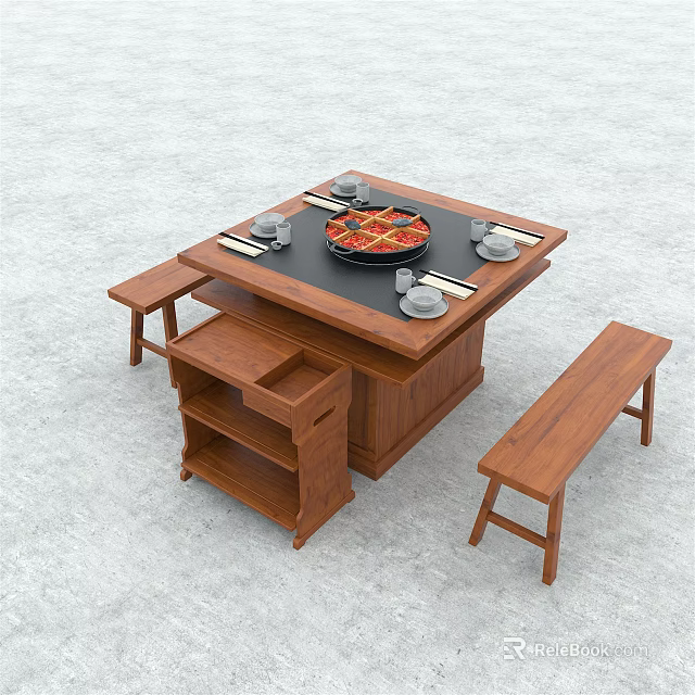 Wooden Dining Table Set With Square Top Hotpot Center White Bowls Plates Benches And Shelf 3d model 