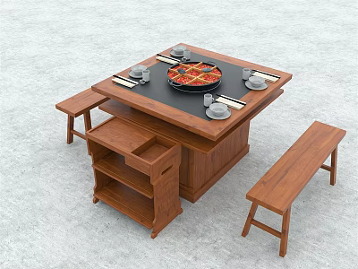Wooden Dining Table Set With Square Top Hotpot Center White Bowls Plates Benches And Shelf 3d model