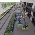 Modern Commercial Street With Pedestrian Walkway Outdoor Seating And Green Plants