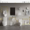 Modern Bathroom Toilet with Urinal Sink Mirror and Golden Handrails
