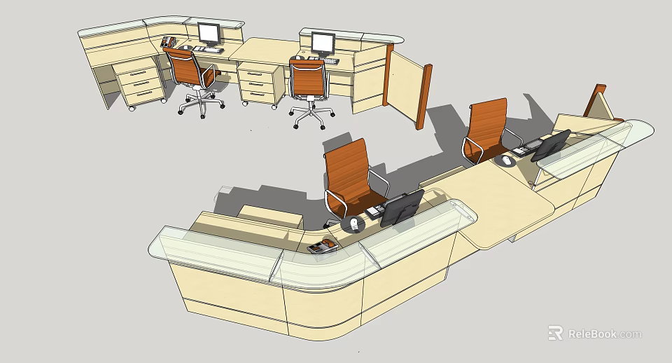Modern Reception Desk Design With Workstations Office Chairs And Computer Monitors 3d model 