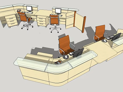 Modern Reception Desk Design With Workstations Office Chairs And Computer Monitors 3d model
