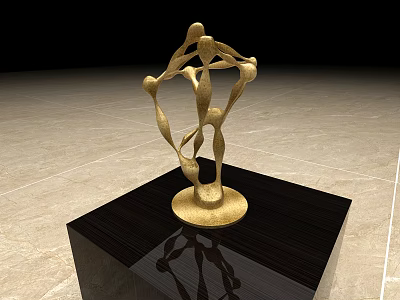 Golden Abstract Human Figure Ornament Sculpture Set With Black Square Base On Beige Floor 3d model