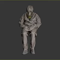 The Man Sitting In Full Protective Suit With Yellow Gas Mask