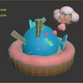 Blue Cartoon Game Character Resting on Pink Donut Float With Cloud Bubble and Bottles