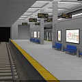 Modern Subway Station Platform With Train Tracks Yellow Safety Line Blue Seats Signs And Maps