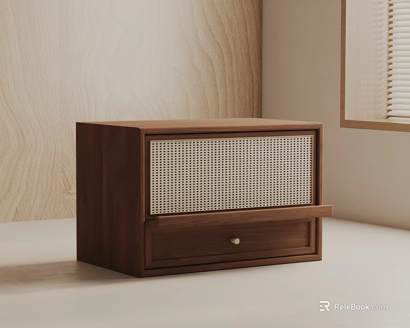 Walnut Wood Side Table with Drawer and Rattan Panel Front in Minimalist Interior 3d model