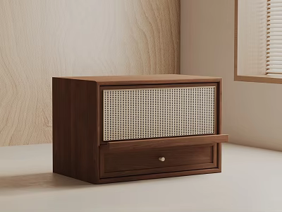 Walnut Wood Side Table with Drawer and Rattan Panel Front in Minimalist Interior 3d model