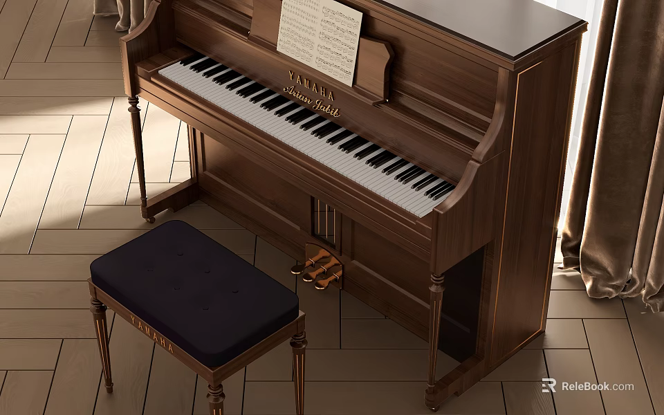Elegant Brown Wooden Upright YAMAHA Piano With Music Sheet And Stool In Interior 3d model 