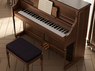 Elegant Brown Wooden Upright YAMAHA Piano With Music Sheet And Stool In Interior 3d model