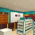 Turquoise And Red Pharmacy Store Interior With Medicine Shelves And Counter