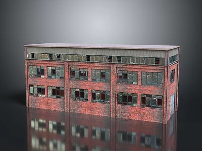 Industrial Red Brick Building With Multiple Windows And Flat Roof Design 3d model