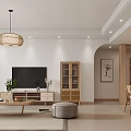 Natural Wood Tone Open Plan Living And Dining Room With Cozy Furniture And Soft Lighting