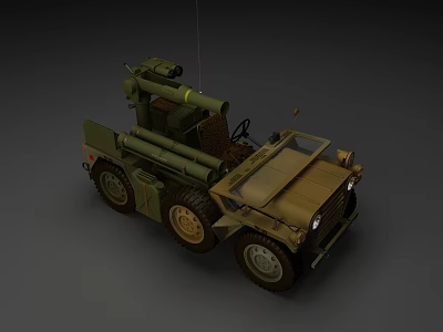 Military Utility Vehicle With Artillery Launcher Four Wheels And Driver Cabin 3d model