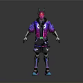 Futuristic Cyberpunk Character With Pink Helmet Green Horns Purple Jacket Black Pants And Blue Accents