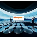 Modern Exhibition Hall with Circular Reflective Floor Design and People Visiting with Mountain Sky Background