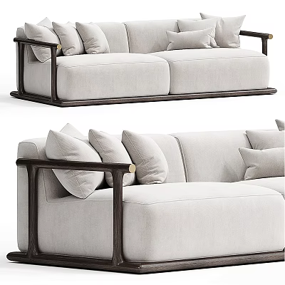 Two Seater Sofa with Light Colored Fabric Upholstery Dark Wooden Armrests and Modern Decorative Pillows 3d model