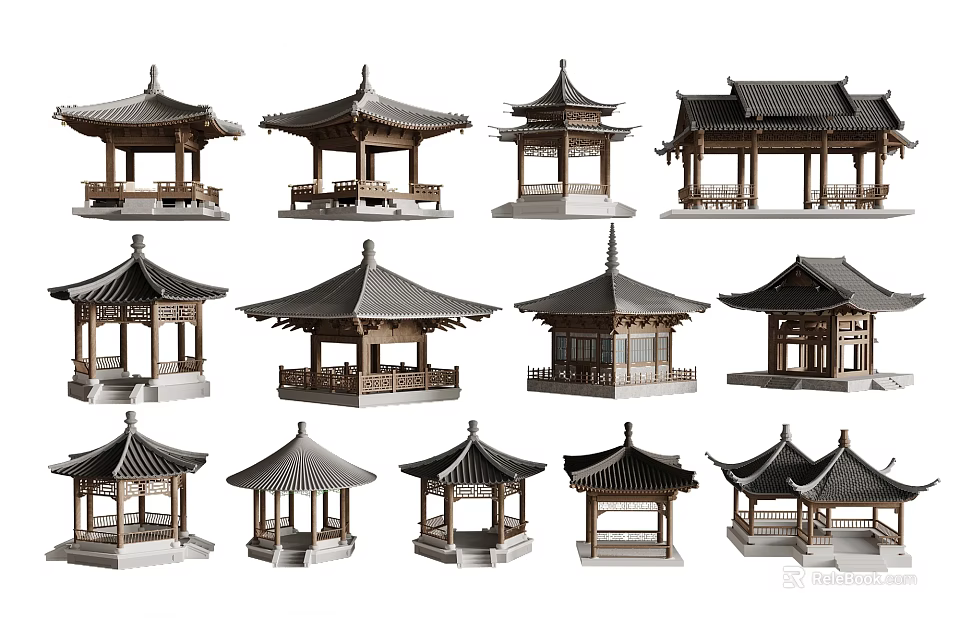 Traditional Chinese Pavilion Designs With Various Architectural Styles And Wooden Structures 3d model 