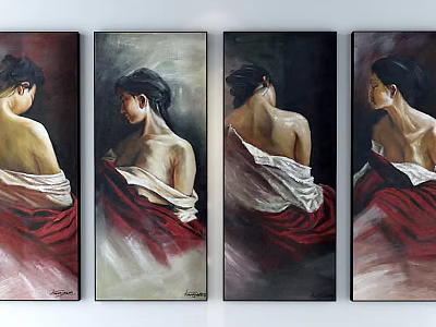 Four Panel Oil Paintings of Female Back Figures with Red and White Fabric 3d model