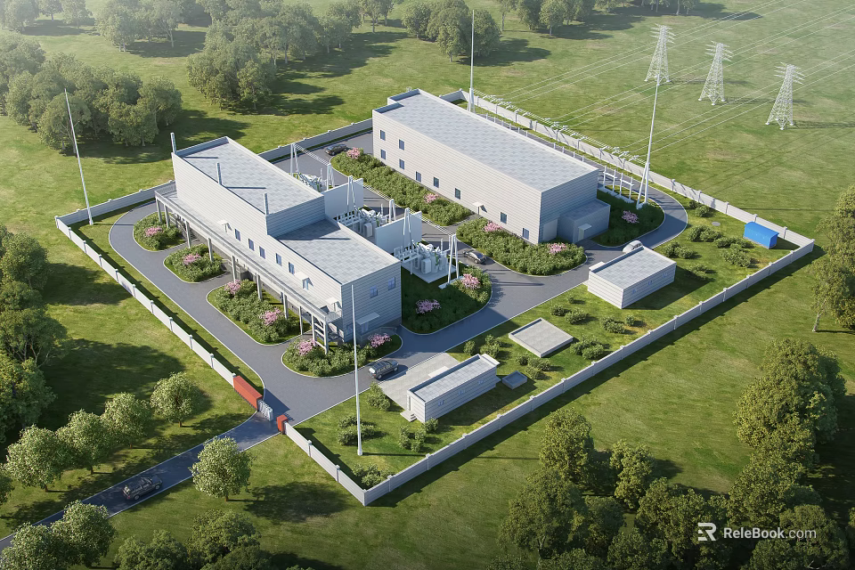 Aerial View of Industrial Factory With Green Lawns Trees Roads and Auxiliary Buildings 3d model 