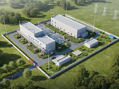 Aerial View of Industrial Factory With Green Lawns Trees Roads and Auxiliary Buildings 3d model