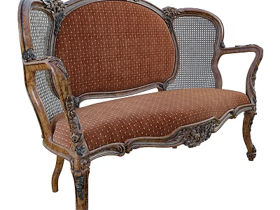 Classic Accent Chair With Carved Wooden Frame Wicker Back And Brown Dotted Fabric 3d model