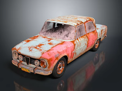Rusty Red And White Vintage Car With Peeling Paint And Weathered Exterior 3d model