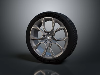 Car Tire With Silver Multi Spoke Alloy Wheel Black Rubber Tread Modern Design 3d model