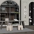 Modern Study Room Interior With White Table Arched Window Floor Lamp Bookshelf And Round Stools