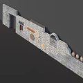 Traditional Stone Feature Wall with Door Window Circular Decorations Arched Structure And Pottery 3d model