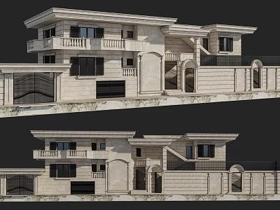 Modern Detached Villa Exterior Design With Stone Facade Balconies And Gate 3d model